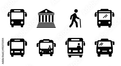 Icon set of buses and public transport with pedestrian and building symbols in silhouette style