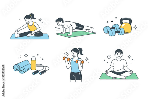 Fitness workout icons. Friendly editorial icons showing home workouts with mats, water bottles, and simple equipment. Calm, approachable visuals encouraging