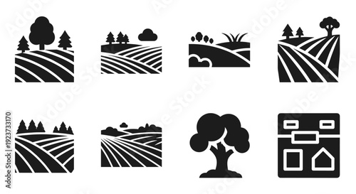 Scenic landscape silhouettes featuring fields, trees, and rolling hills