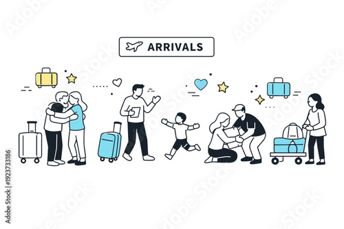 Airport arrivals area. Travelers reuniting with family or collecting luggage, soft abstract icons of suitcases and stars floating around to