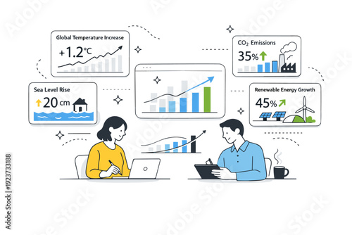 Climate data narrative. Abstract dashboards with charts and highlighted insights help transform raw data into meaningful stories. Focused