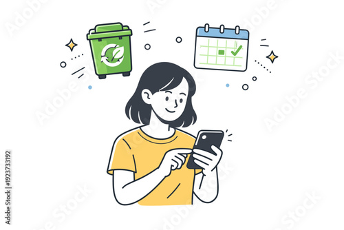 Compost Pickup App. Mobile app compost pickup scheduling. A person using a smartphone to schedule or confirm a compost pickup, icons of bins and calendar