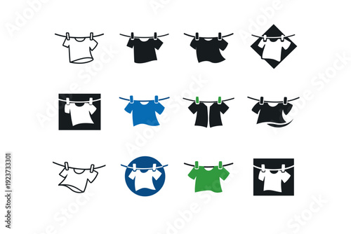 Hanging laundry on a clothesline. Icon set. Set Logo of Hanging laundry on a clothesline: T-shirt fluttering in wind. harmonious logo