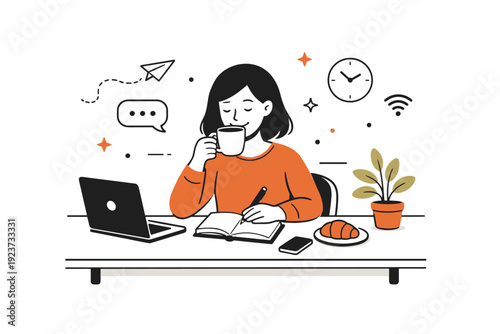 Cozy cafe work moment. Person taking notes and sipping coffee at a minimalist table, calm and productive atmosphere. Friendly editorial