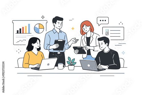 Modern corporate illustrations. Professionals collaborating in a sleek office environment with laptops, charts, and tablets, conveying