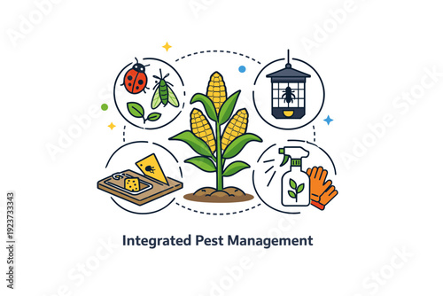 Integrated pest management visualized as a crop surrounded by segmented control methods like natural predators, traps, and care symbols,
