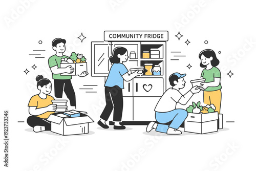 Group fridge refill day. A small team unloads boxes of vegetables and home-cooked meals near a sidewalk community fridge, abstract stars and