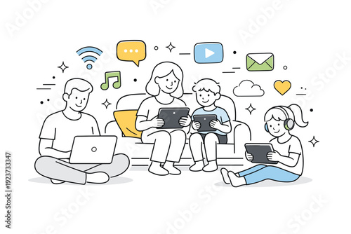 People using technology at home. A family interacting with laptops and tablets, abstract floating icons representing apps and connectivity