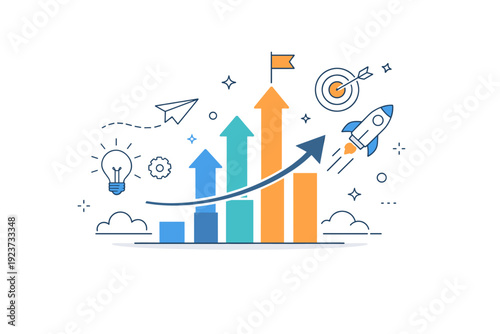Startup growth illustration. An abstract chart with rising arrows and floating icons suggesting innovation and momentum. Forward movement, ambition, and modern