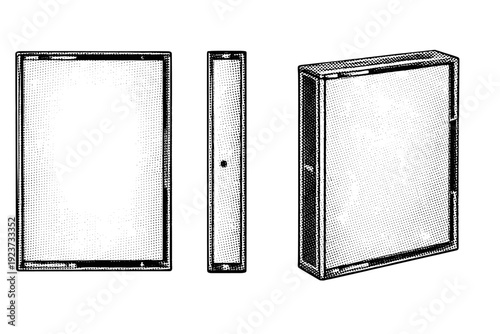 Album cover cassette case, a single plastic cassette tape case presented in front view, side view, and three-quarter view as an object set. Black and white dot