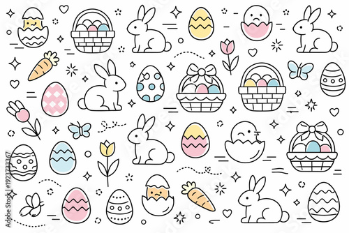 Minimal Easter patterns ? line art decor. Thin outlined Easter elements arranged into a clean, repeating layout, expressing elegance and modern holiday design.