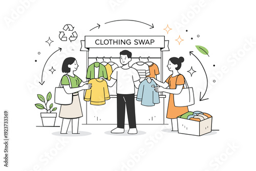 circular fashion clothing swap. Shoppers exchanging clothes at a pop-up stand, abstract stars and floating arrows representing recycling and
