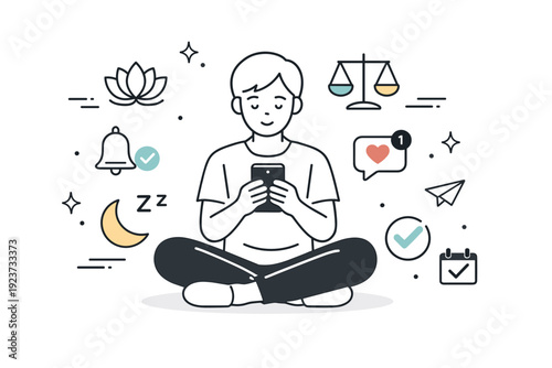 Digital wellness graphics. Person calmly using a smartphone with soft focus posture, balance icons and gentle notifications floating around.