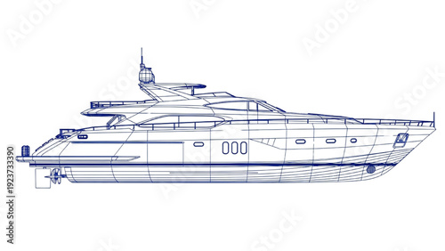 Detailed vehicle autocad blueprint of a luxury yacht design viewed from the side showcasing precise engineering and sleek architecture