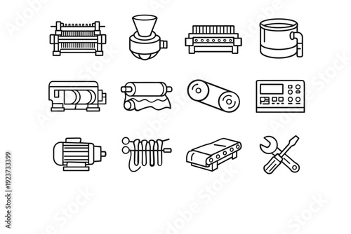 Textile Machinery Icons. Textile machinery. Line icon set of Textile machinery: industrial loom, spinning rotor, knitting machine, dyeing drum, fabric dryer,