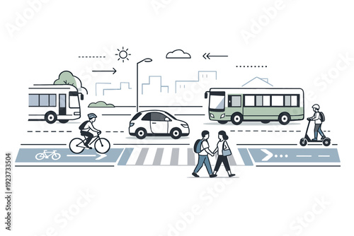 Transport and vehicles minimal urban scene. Vehicles moving slowly on a wide street with bike lanes and crosswalks, suggesting sustainable,