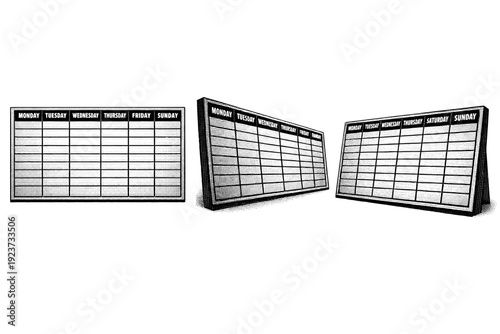 Weekly planner calendar. A structured weekly planner calendar layout is shown in three views: straight-on view, rotated side view, and three-quarter