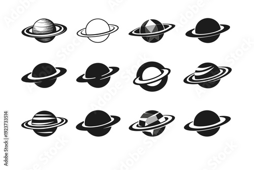 Saturn. Icon set. Set Logo of Saturn: planetary shadow. harmonious logo variations of the same emblematic concept, each with different