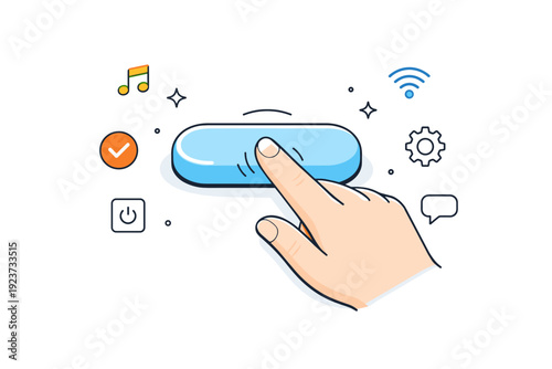 Buttons and switches tactile. Close-up of a hand gently pressing a large soft-button with rounded edges, surrounded by minimal interface icons. Focused moment
