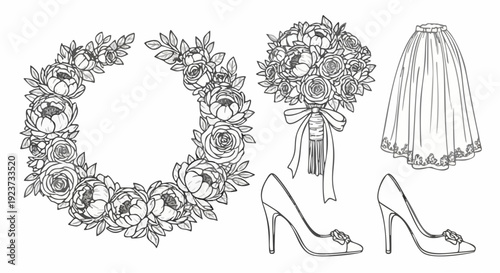 Hand Drawn Wedding Elements Set with Floral Wreath Bouquet and Bridal Accessories