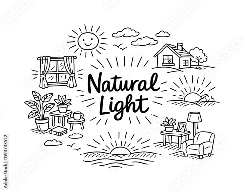 Natural Light. Hand-drawn doodle illustration of Natural Light. sun, window, house interior,
