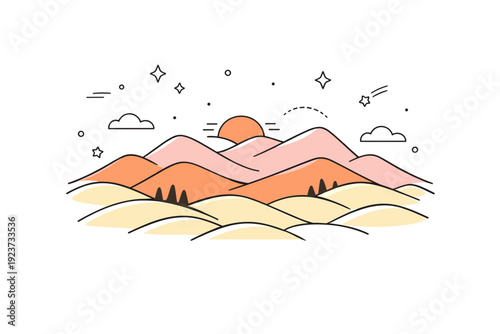 Sunset over mountains. Gentle rolling hills and peaks bathed in warm soft sunset colors, subtle floating stars and dots adding calmness to