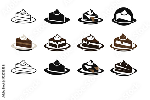Gourmet dessert. Icon set. Set Logo of Gourmet dessert: plated chocolate cake slice. harmonious logo variations of the same emblematic concept, each with