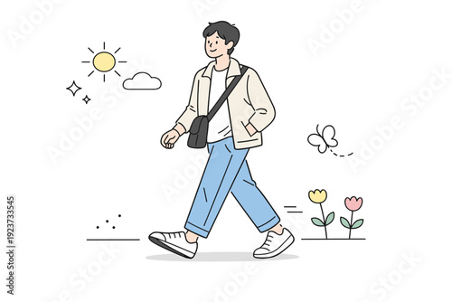 Spring street style. A simple editorial scene with a person walking outdoors wearing a light jacket and relaxed spring outfit. The mood is
