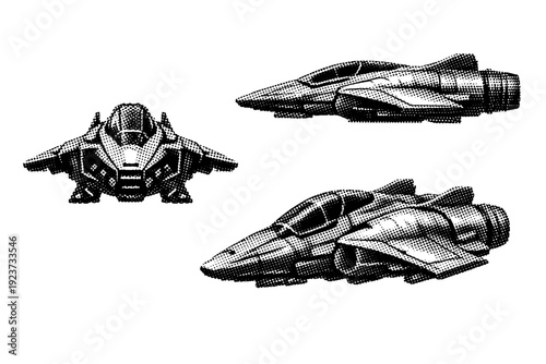 Futuristic spaceship icon described as a single sci-fi vehicle object shown in three views: front view, side view, and three-quarter view