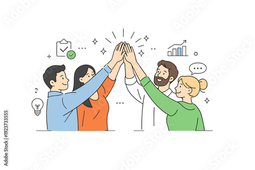 High five team collaboration. A group of teammates giving each other a high five after completing a task, showing unity and shared success. The mood is