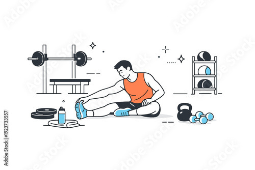 Gym strength workouts during off-season. End-of-session scene with athlete stretching and cooling down, gym calm and uncluttered. Sense of