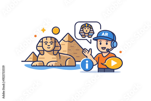 Virtual tourism with augmented reality guides expressing interactive learning and cultural insight. A friendly scene with an AR guide