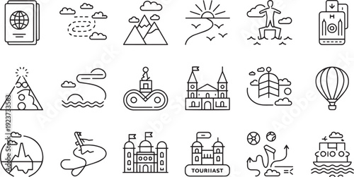 Collection of hand drawn travel and tourism icons isolated on transparent background