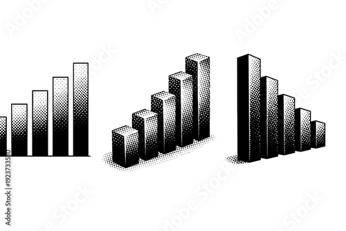 Financial chart bar graph column set. Black and white dot style with halftone texture and high contrast. Halftone texture with partial solid