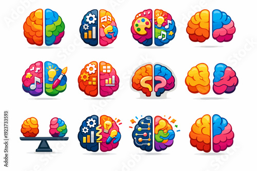 Hemisphere. Colorful flat vector icons set of Hemisphere: brain hemispheres, left brain icon, right brain icon, split brain symbol, creative hemisphere,