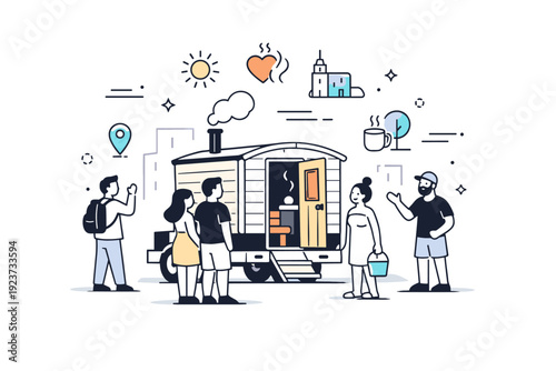 Urban Mobile Sauna. Mobile sauna in the city. A compact sauna unit set up in an urban square with curious passersby, subtle motion lines and city icons