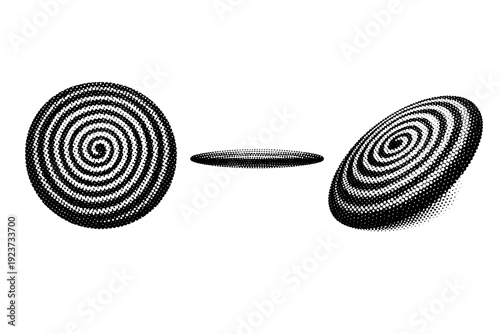 Concentric dotted spiral disc, a single disc-like spiral object shown in front view, side profile view, and three-quarter perspective view