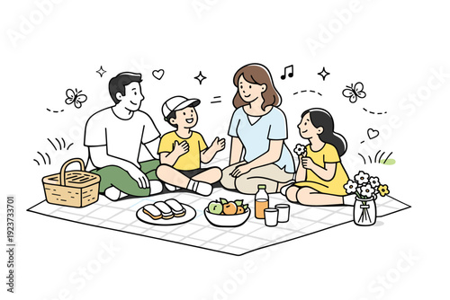 Spring holiday family portrait outdoors. Family sitting on a picnic blanket, talking and enjoying time together in a green meadow. Friendly