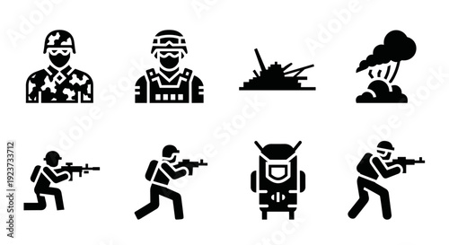 Military silhouettes: soldiers, tanks, and explosions