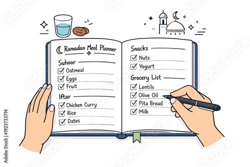Ramadan meal planning notebooks. Open notebook with neatly structured meal lists and checkmarks, hands holding a pen in the process of