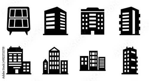 Minimalist black and white building silhouettes set for architectural design projects