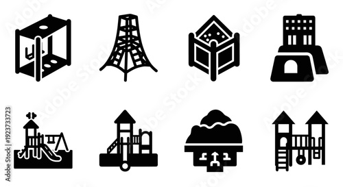 Playground equipment icons: modern, minimalist designs of slides, towers, and climbing structures