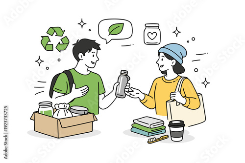 Recycling and zero waste. Two people exchanging reusable items and discussing eco habits. Friendly collaboration and shared environmental