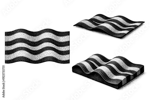 Wave-striped halftone dot pattern shown as a single object presented in three views: flat top view, angled view, and three-quarter perspective view. Black and