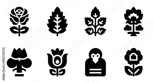 Silhouette icons of stylized botanical flowers and foliage in geometric design