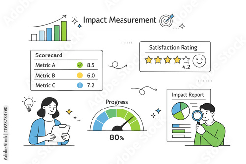 Impact measurement graphics. Editorial-style illustration inspired by reports and assessments, with simple graphs, scorecards, and indicators