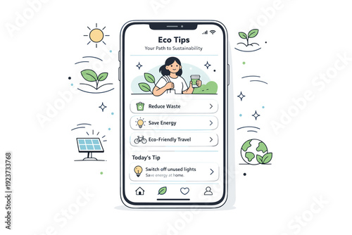 Sustainable lifestyle app. A smartphone showing a UI with eco-friendly tips, abstract floating shapes of plants and solar icons, creating a