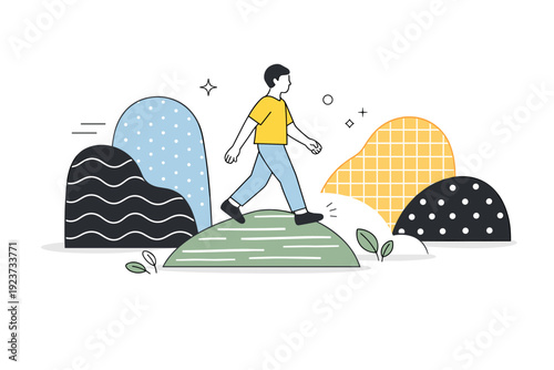 Textures and patterns. Person moving through abstract shapes covered in calm repetitive patterns. Sense of flow and consistency created through texture.