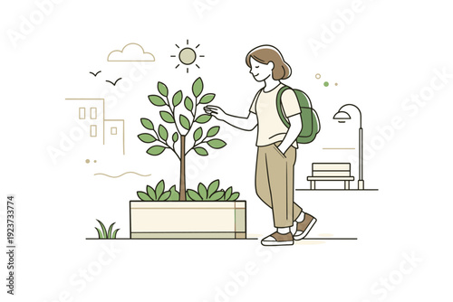 City greenery pause. A person stopping briefly beside a street tree or planter, hand touching leaves. Mindful pause, calm connection, and