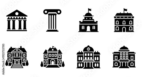 Historic buildings icon set featuring classical and neoclassical architectural styles